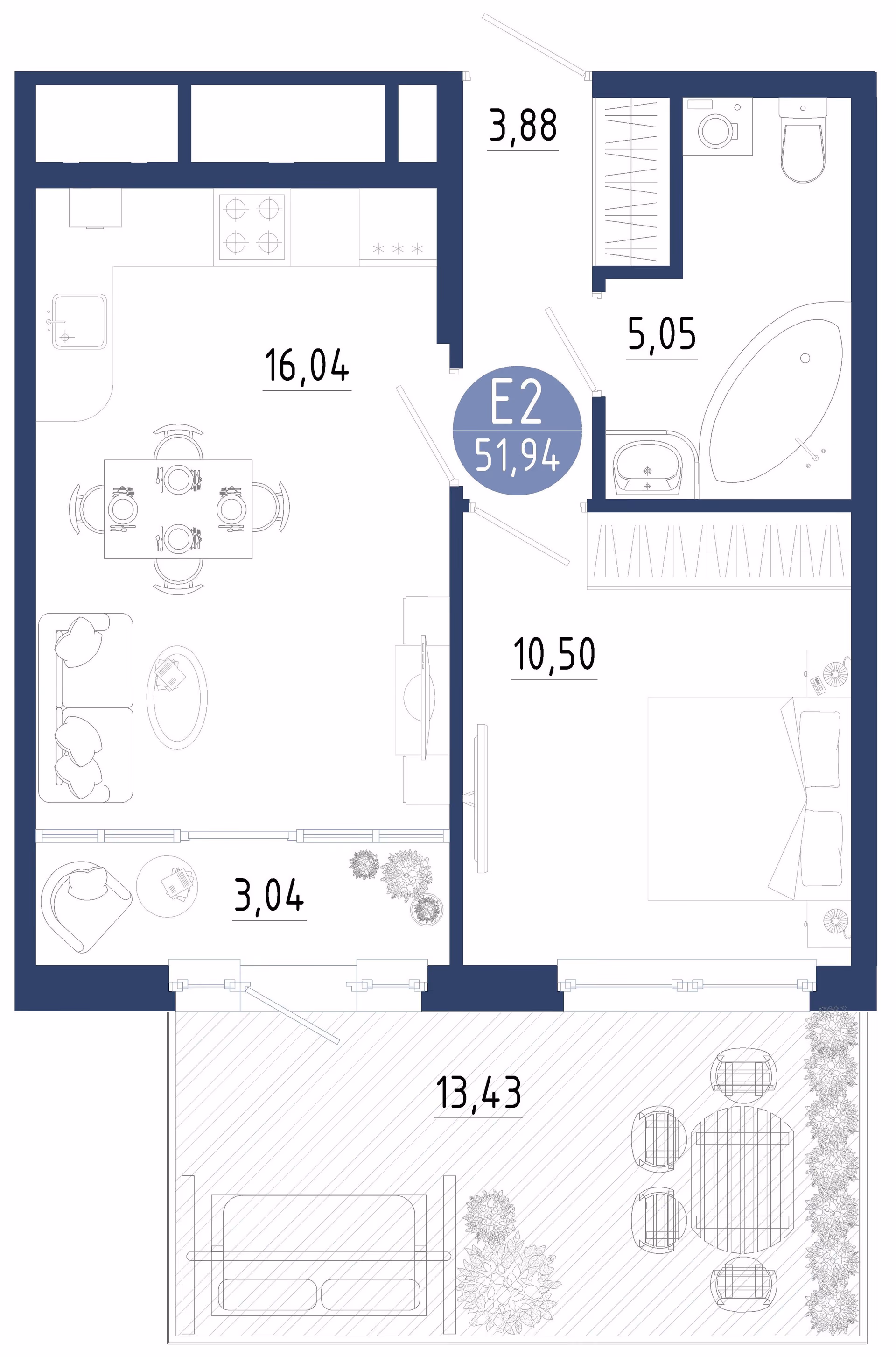 Планировка Квартира с одной спальней и гостиной 19 м² (Евро-2)