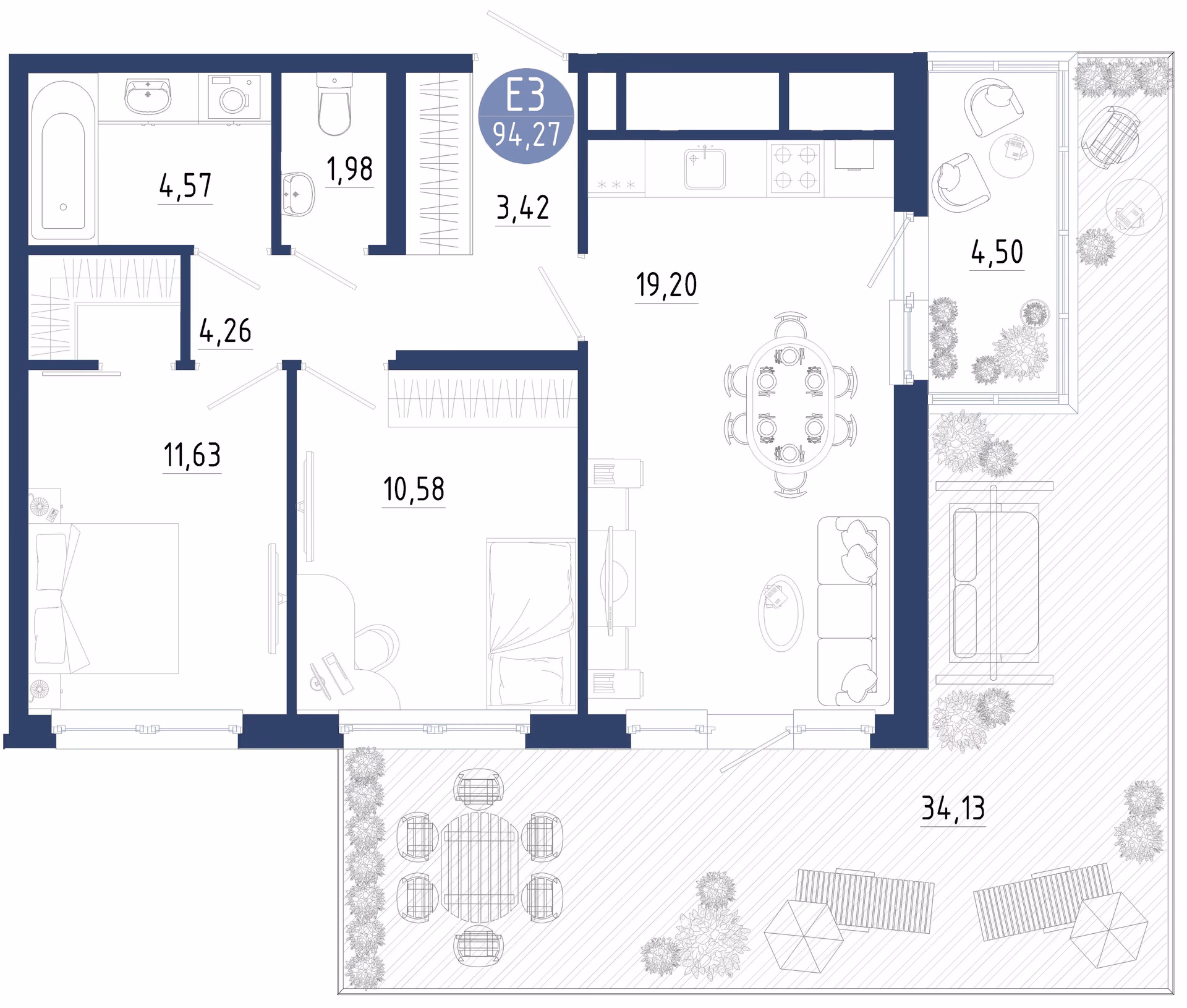 Планировка Квартира с двумя спальнями и гостиной 19 м² (Евро-3)