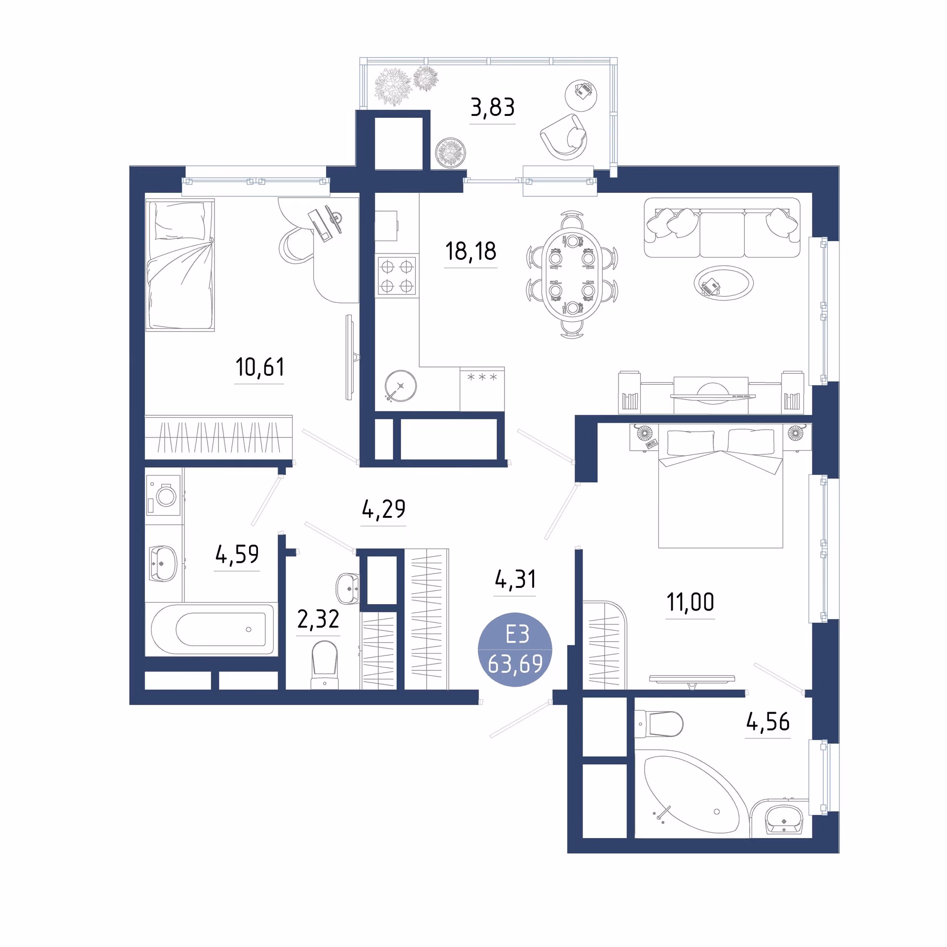 Планировка Квартира с двумя спальнями и гостиной 18 м² (Евро-3)