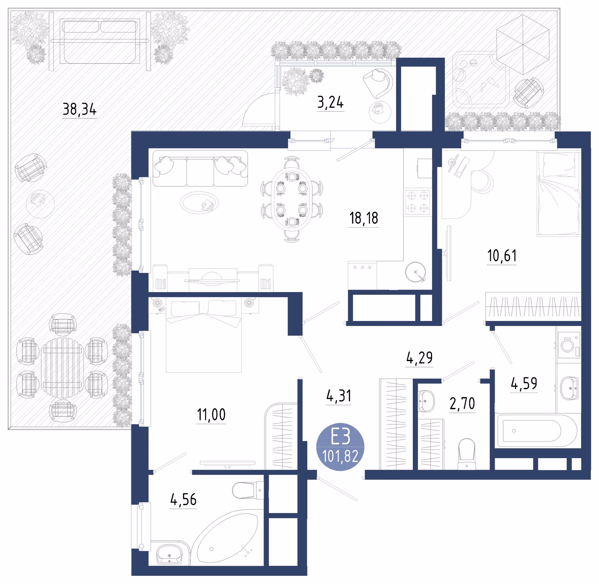 Планировка Квартира с двумя спальнями и гостиной 18 м² (Евро-3)