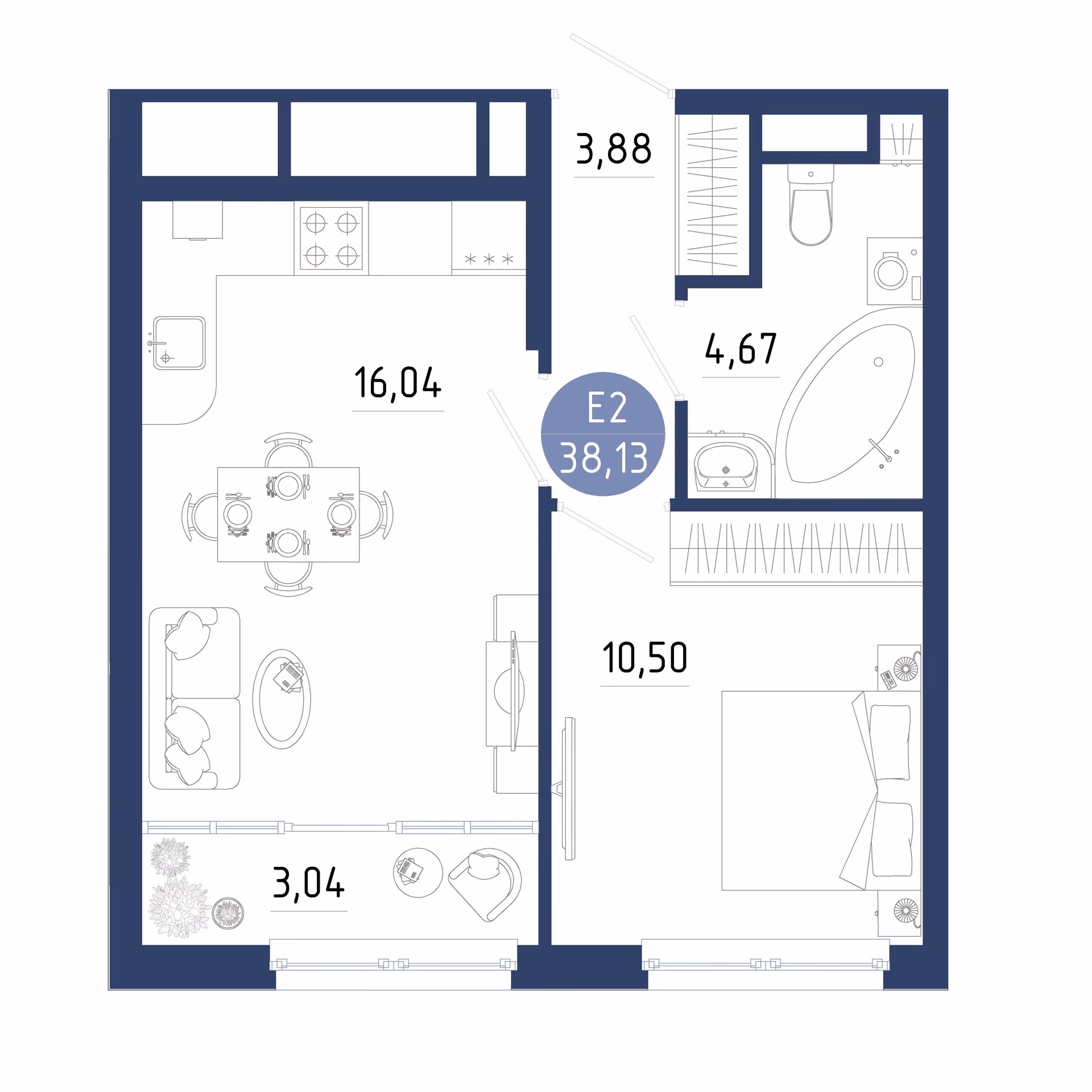 Планировка Квартира с одной спальней и гостиной 19 м² (Евро-2)