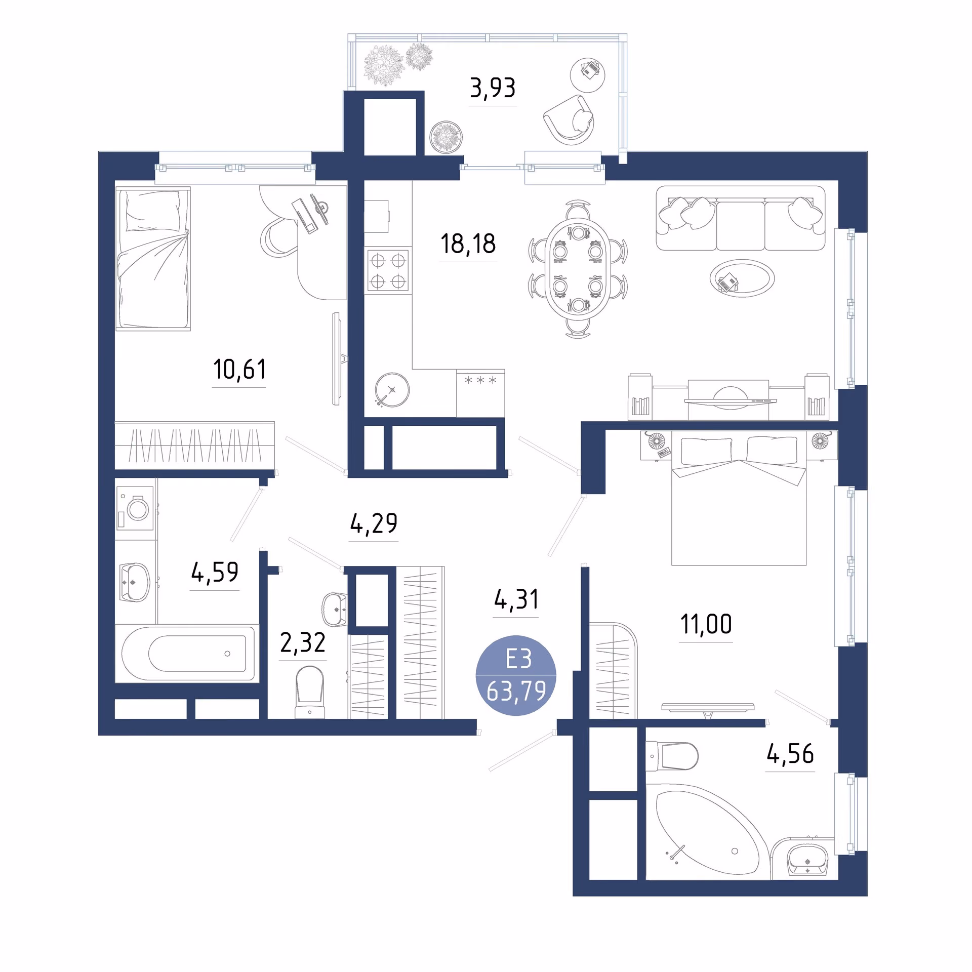 Планировка Квартира с двумя спальнями и гостиной 18 м² (Евро-3)