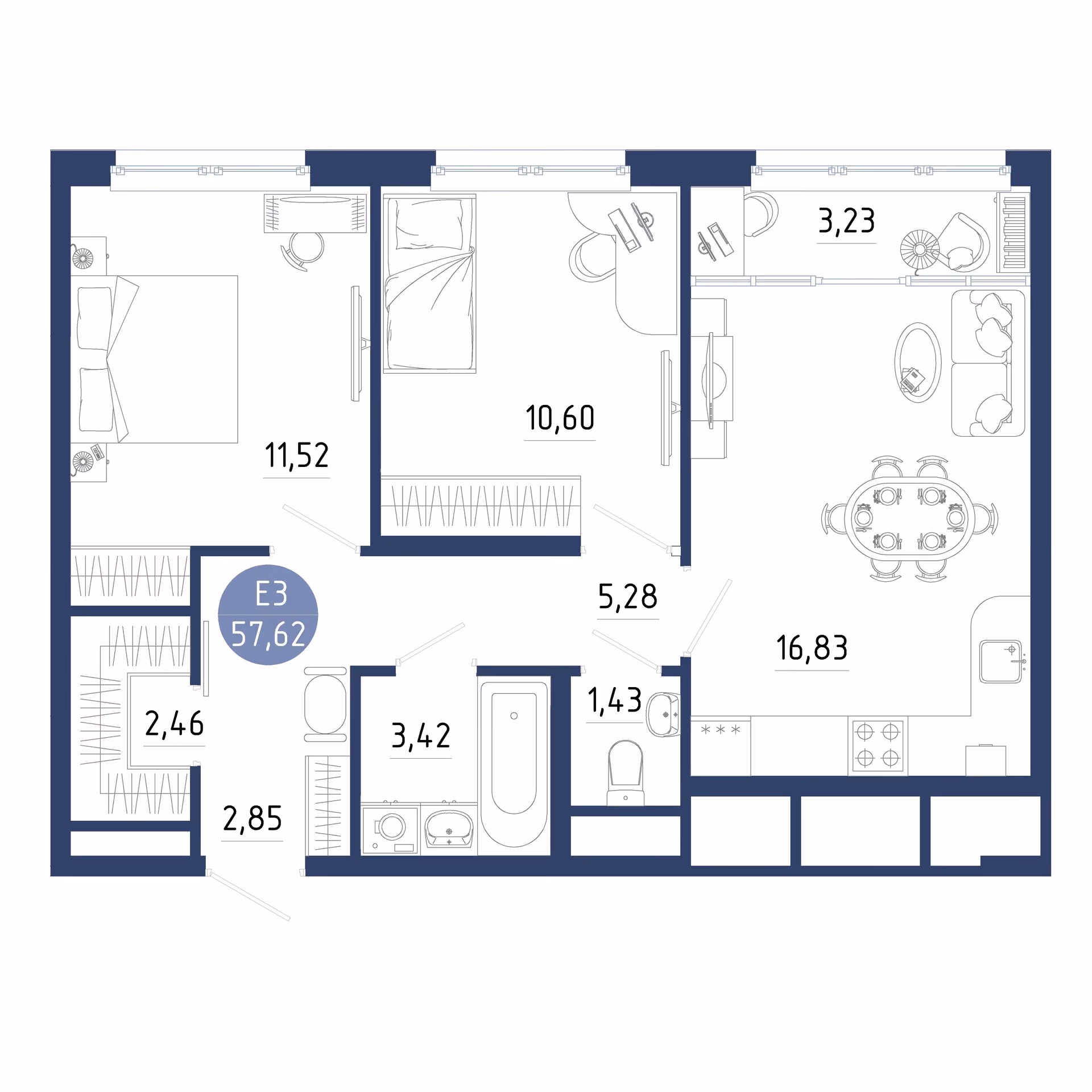 Планировка Квартира с двумя спальнями и гостиной 20 м² (Евро-3)
