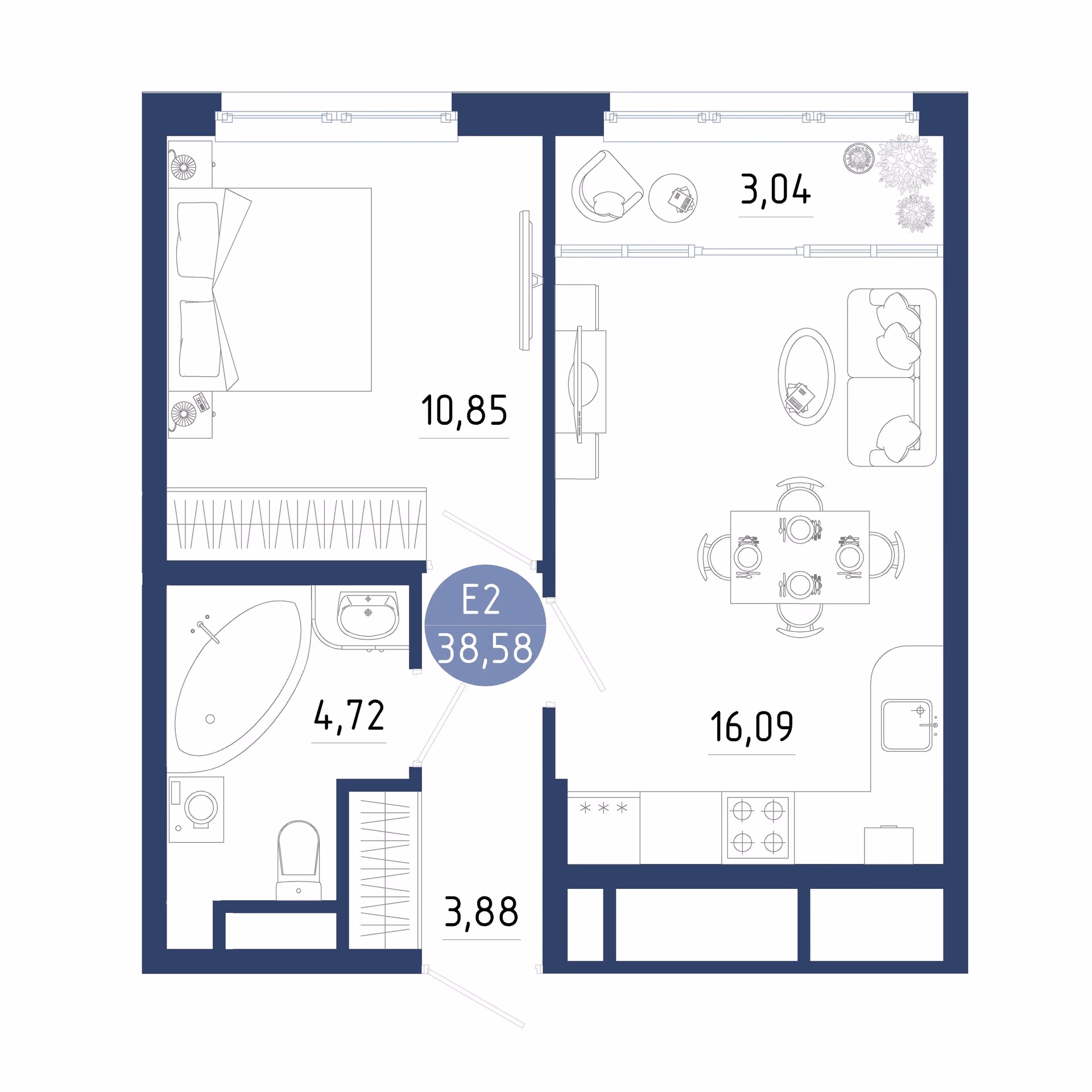 Планировка Квартира с одной спальней и гостиной 19 м² (Евро-2)