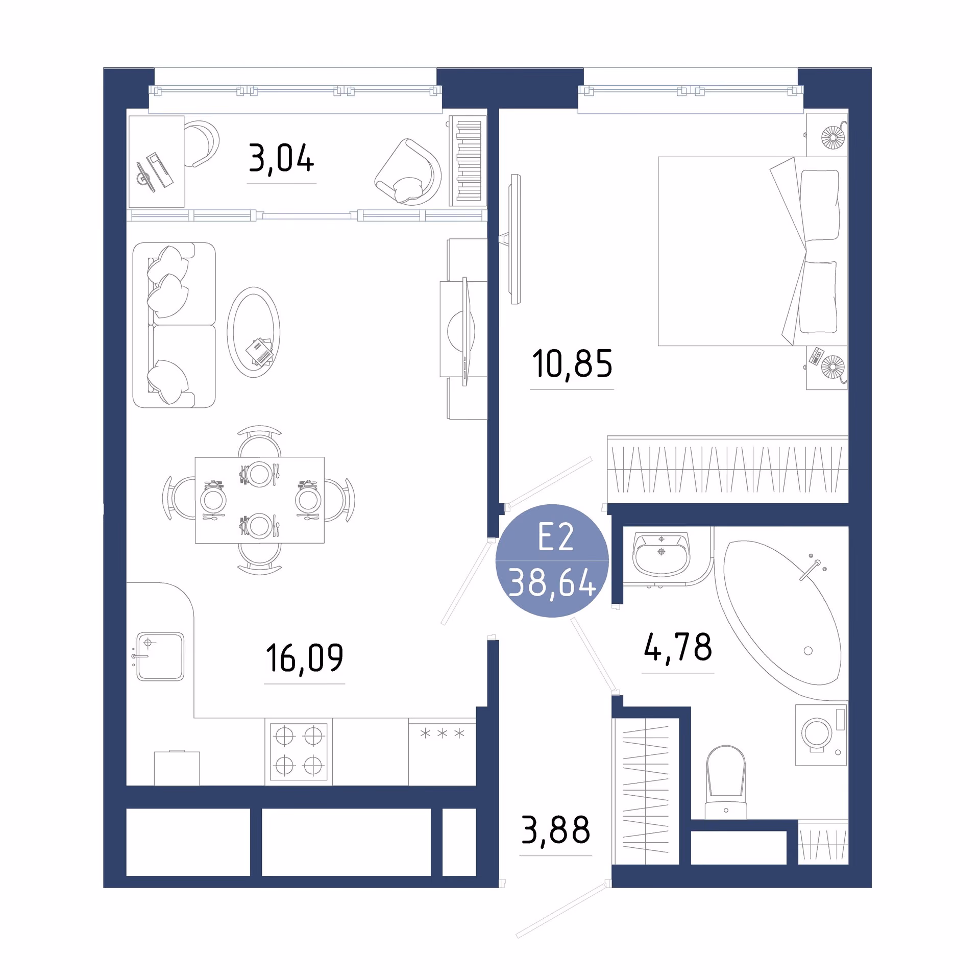 Планировка Квартира с одной спальней и гостиной 19 м² (Евро-2)