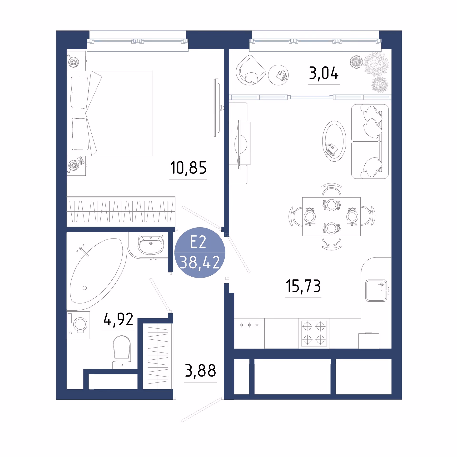 Планировка Квартира с одной спальней и гостиной 19 м² (Евро-2)