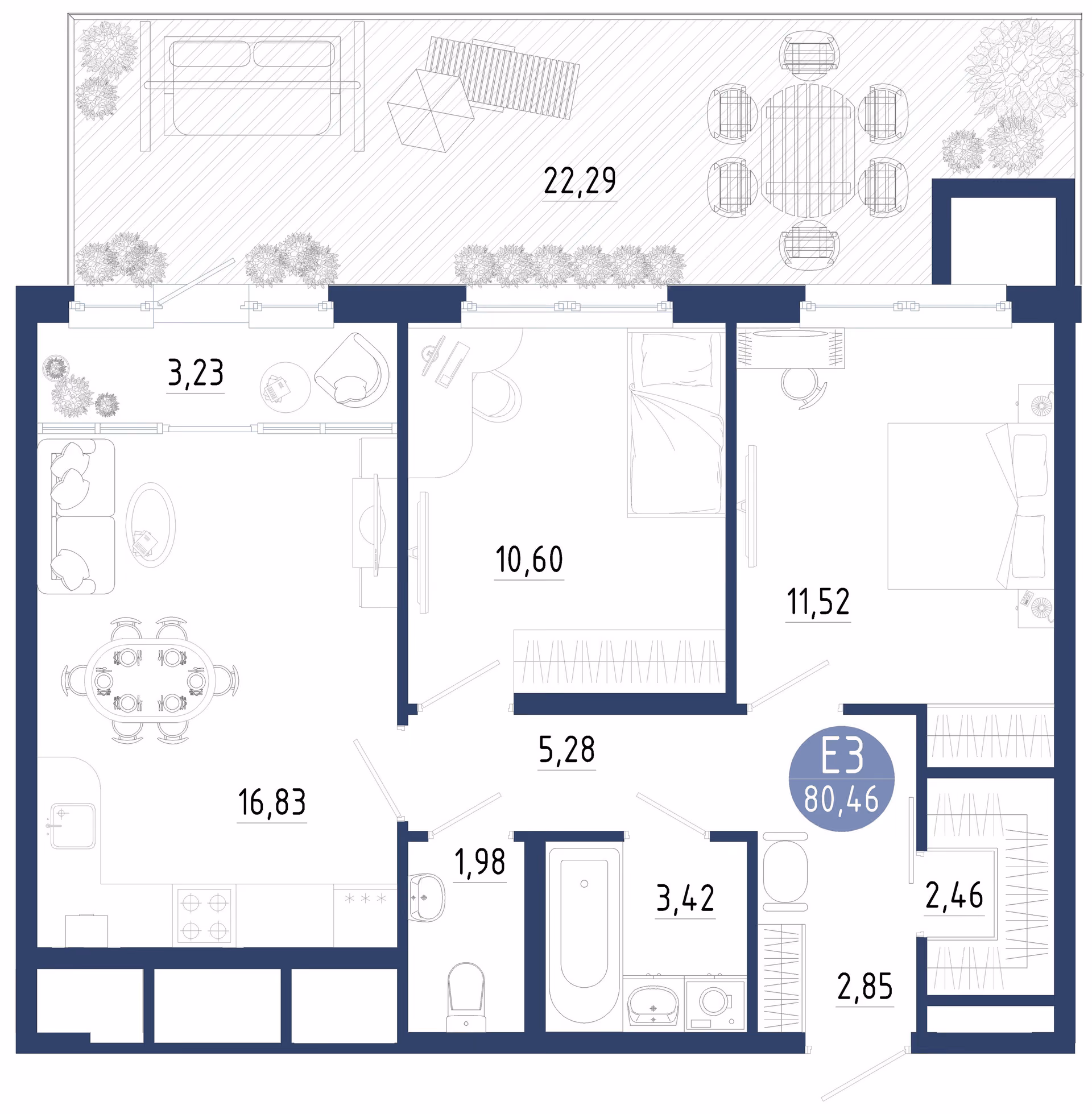 Планировка Квартира с двумя спальнями и гостиной 20 м² (Евро-3)