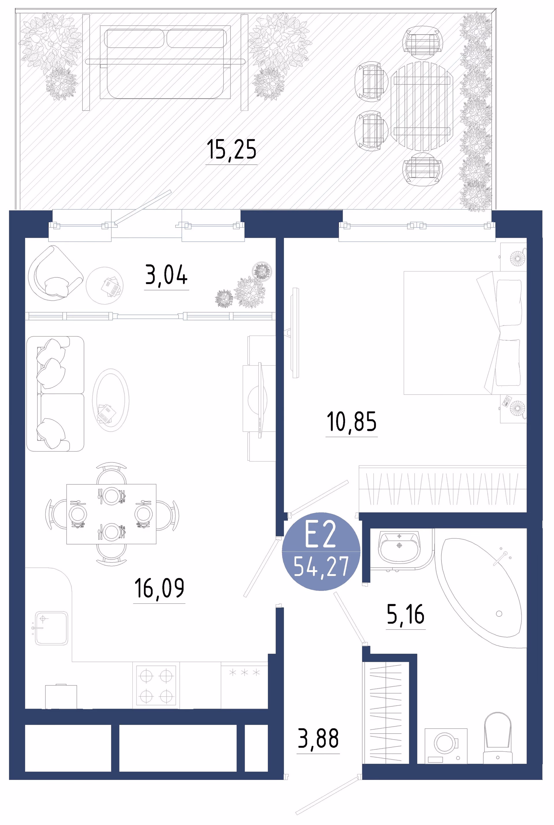Планировка Квартира с одной спальней и гостиной 19 м² (Евро-2)