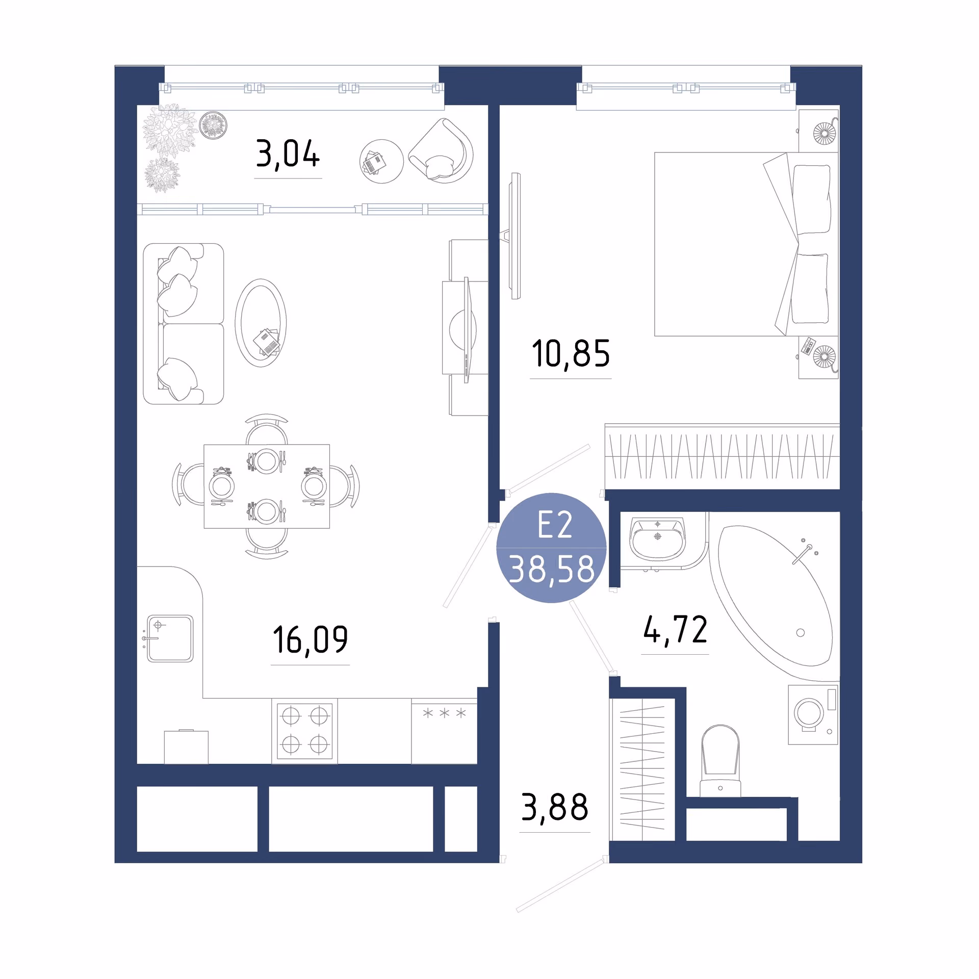 Планировка Квартира с одной спальней и гостиной 19 м² (Евро-2)