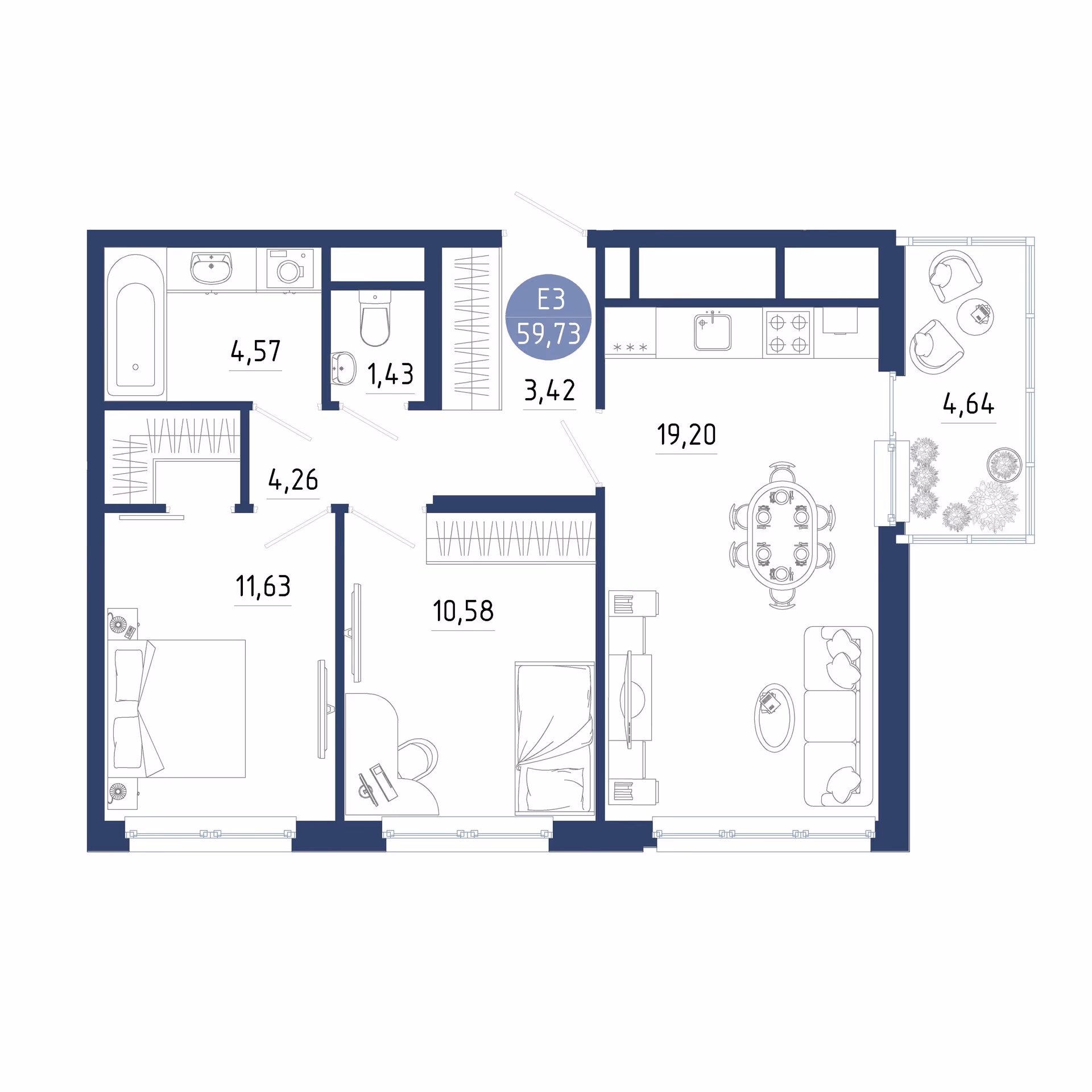 Планировка Квартира с двумя спальнями и гостиной 19 м² (Евро-3)