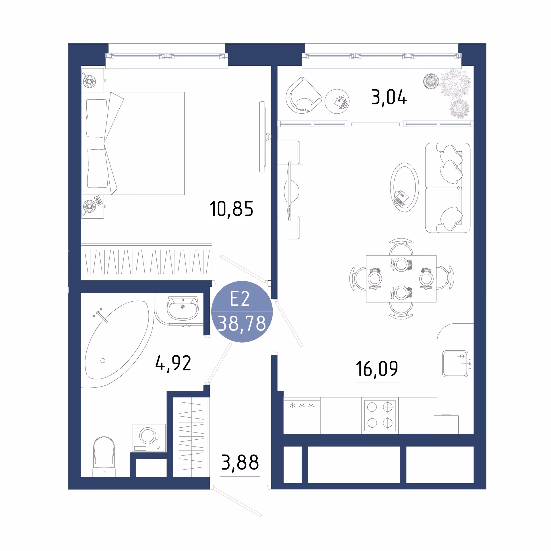 Планировка Квартира с одной спальней и гостиной 19 м² (Евро-2)